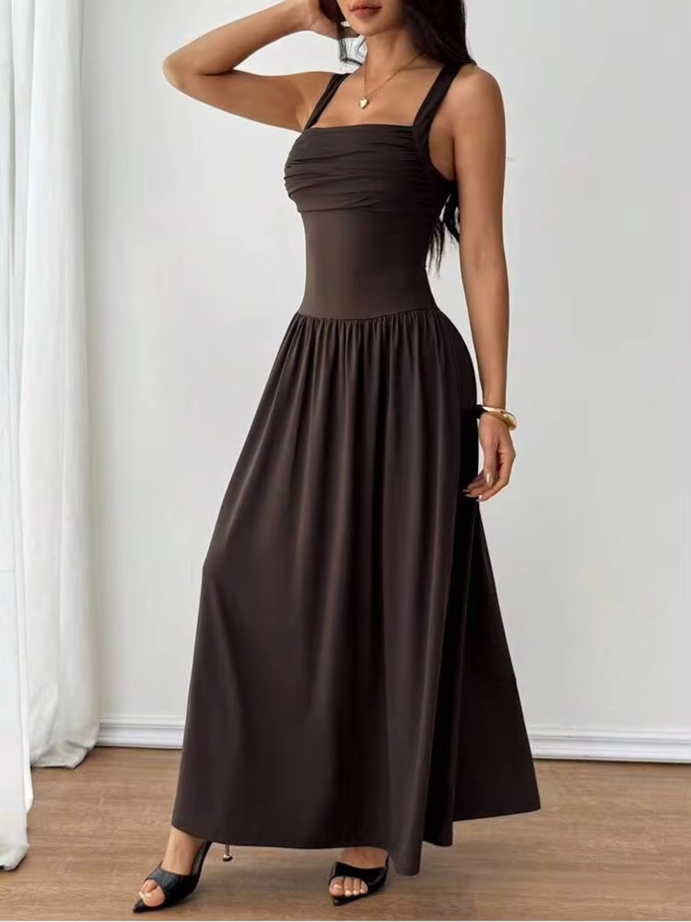 SHEIN New Dark Brown Ruched Square Neck Soft Stretch Maxi Dress size Petite SP - Picture 1 of 13
